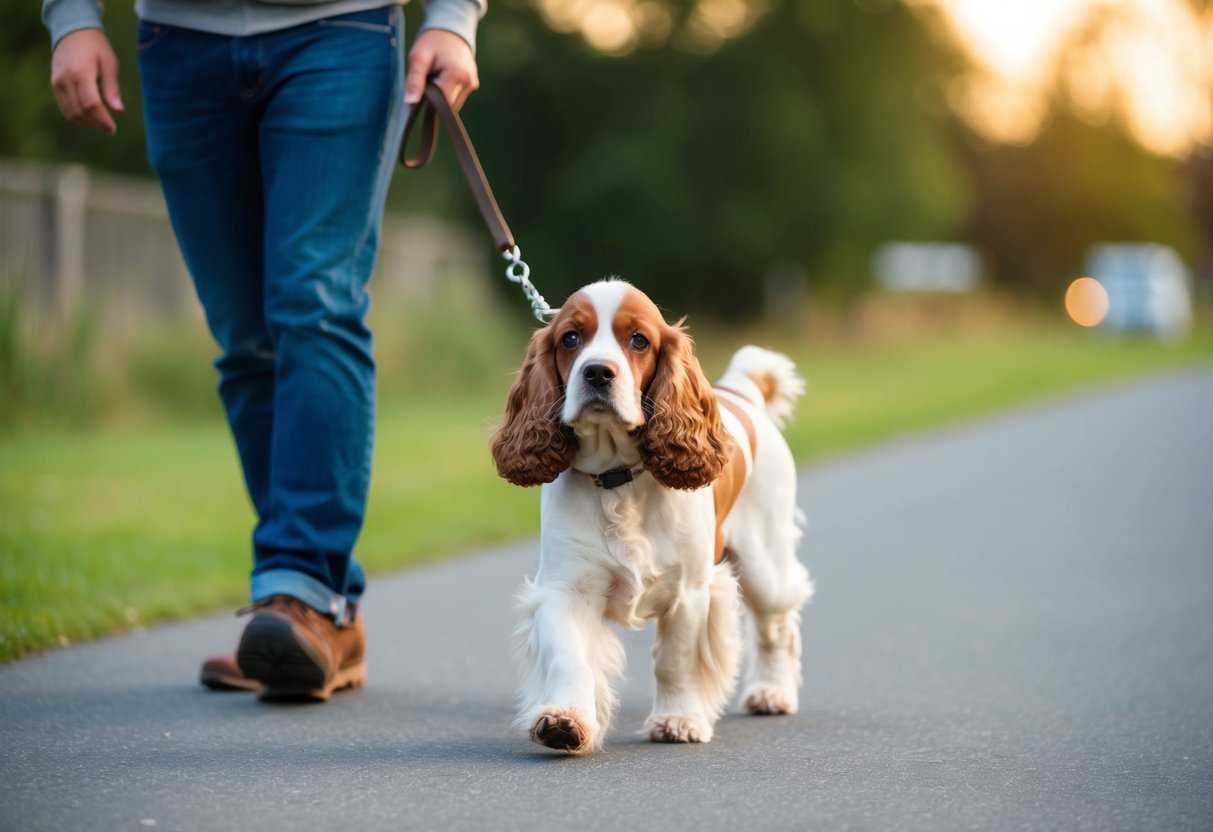 A cocker spaniel walking calmly beside its owner, focused and attentive, with a loose leash and a positive body language