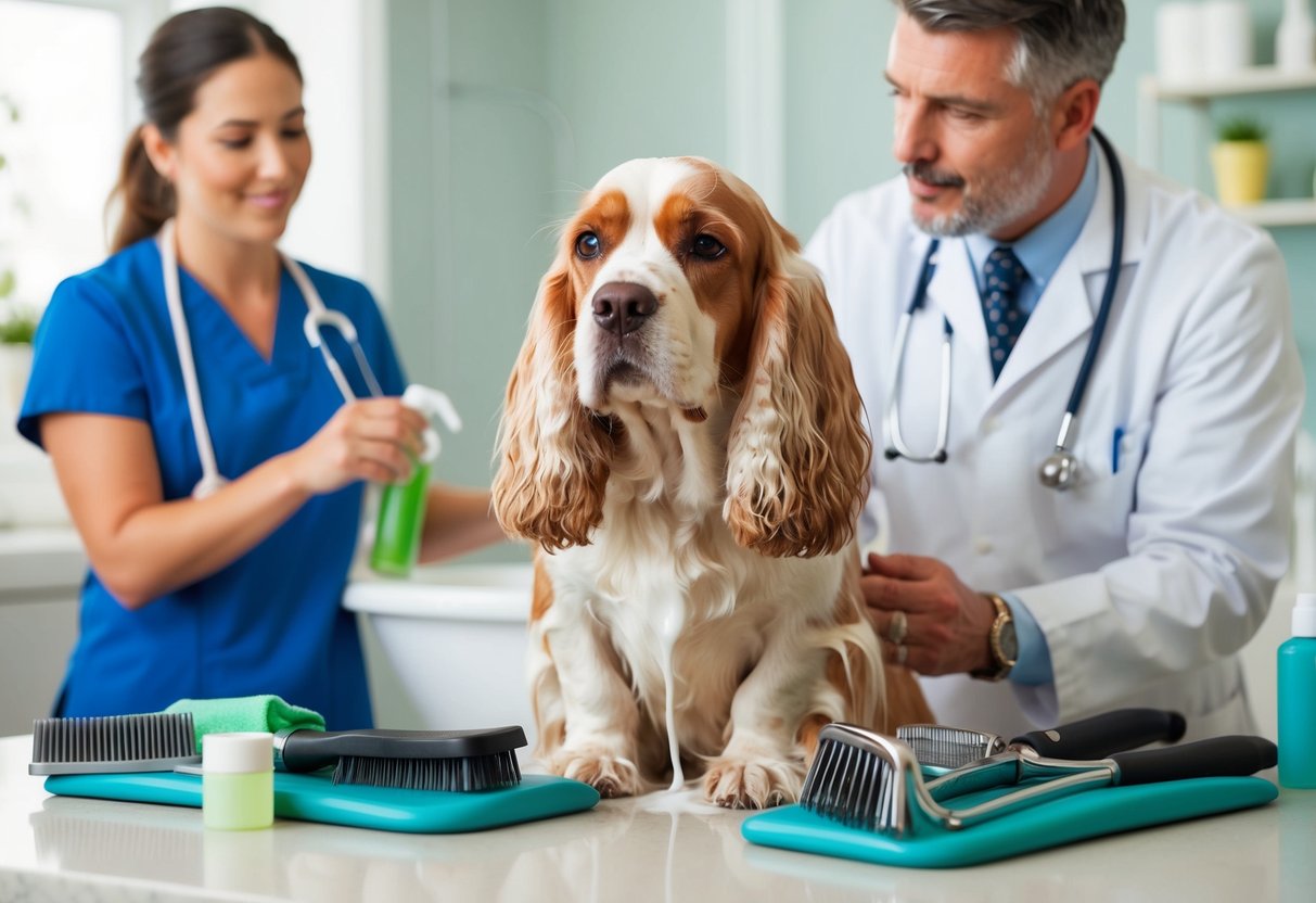 A cocker spaniel receiving a bath with a pleasant-smelling shampoo, surrounded by grooming tools and a vet discussing preventive care options