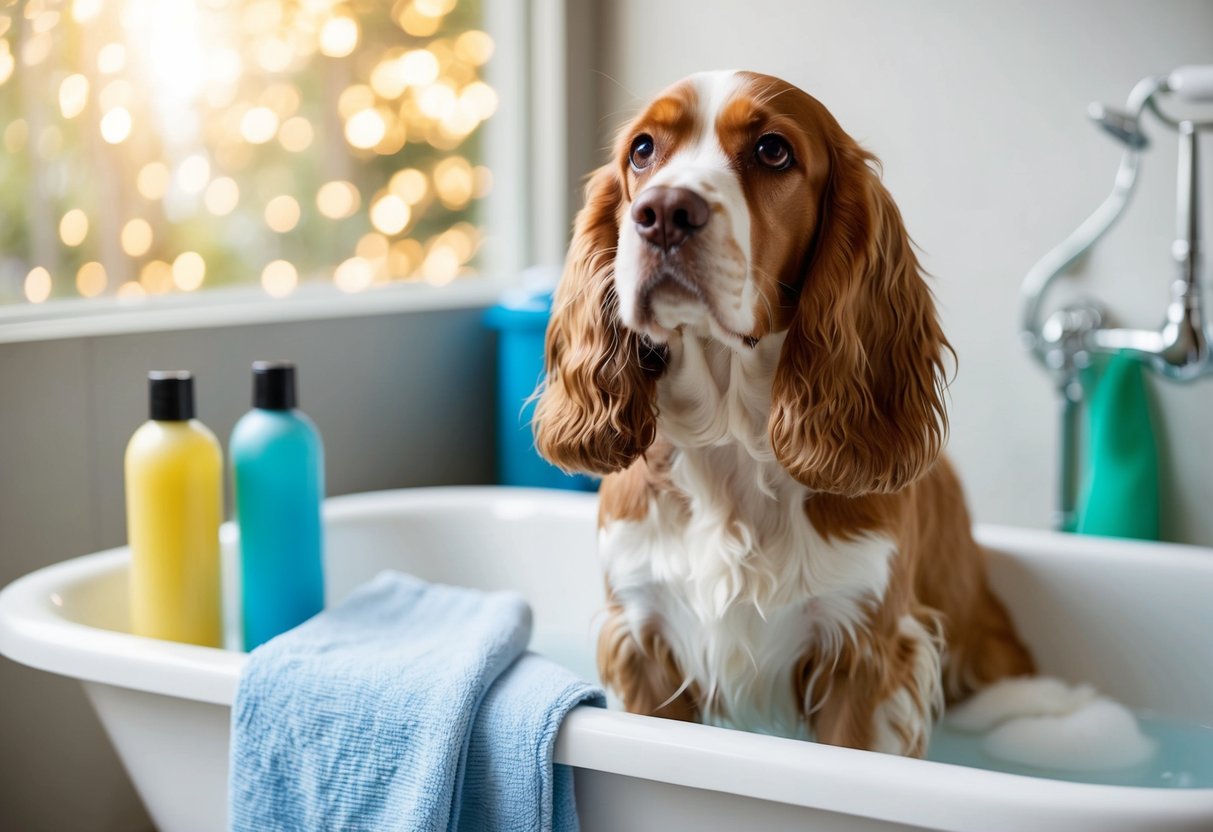 A Cocker Spaniel stands in a bath, surrounded by bottles of shampoo and a towel. The dog looks up with a curious expression
