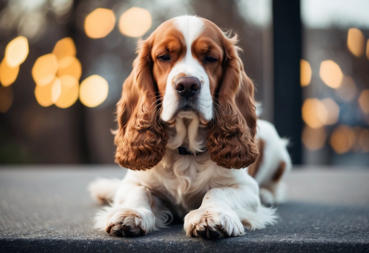 A cocker spaniel sits with a drooping tail and ears, avoiding eye contact, while a furrowed brow and tense body language indicate stress and sadness