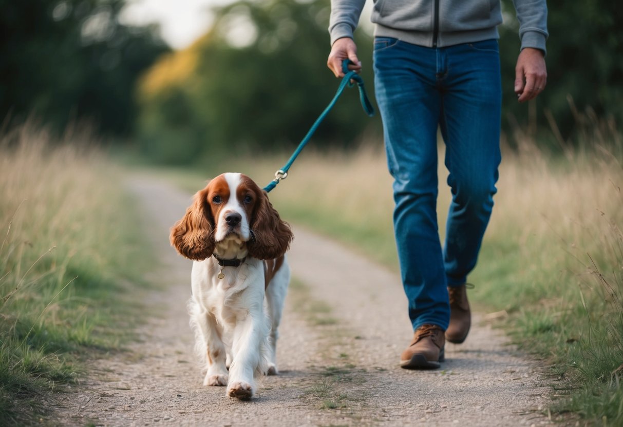 A cocker spaniel walking calmly beside its owner on a leash, both in a natural outdoor setting