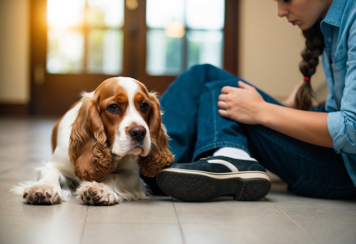 A cocker spaniel nuzzles a person's feet, gazing up with concerned eyes as the person sits on the floor, looking sad