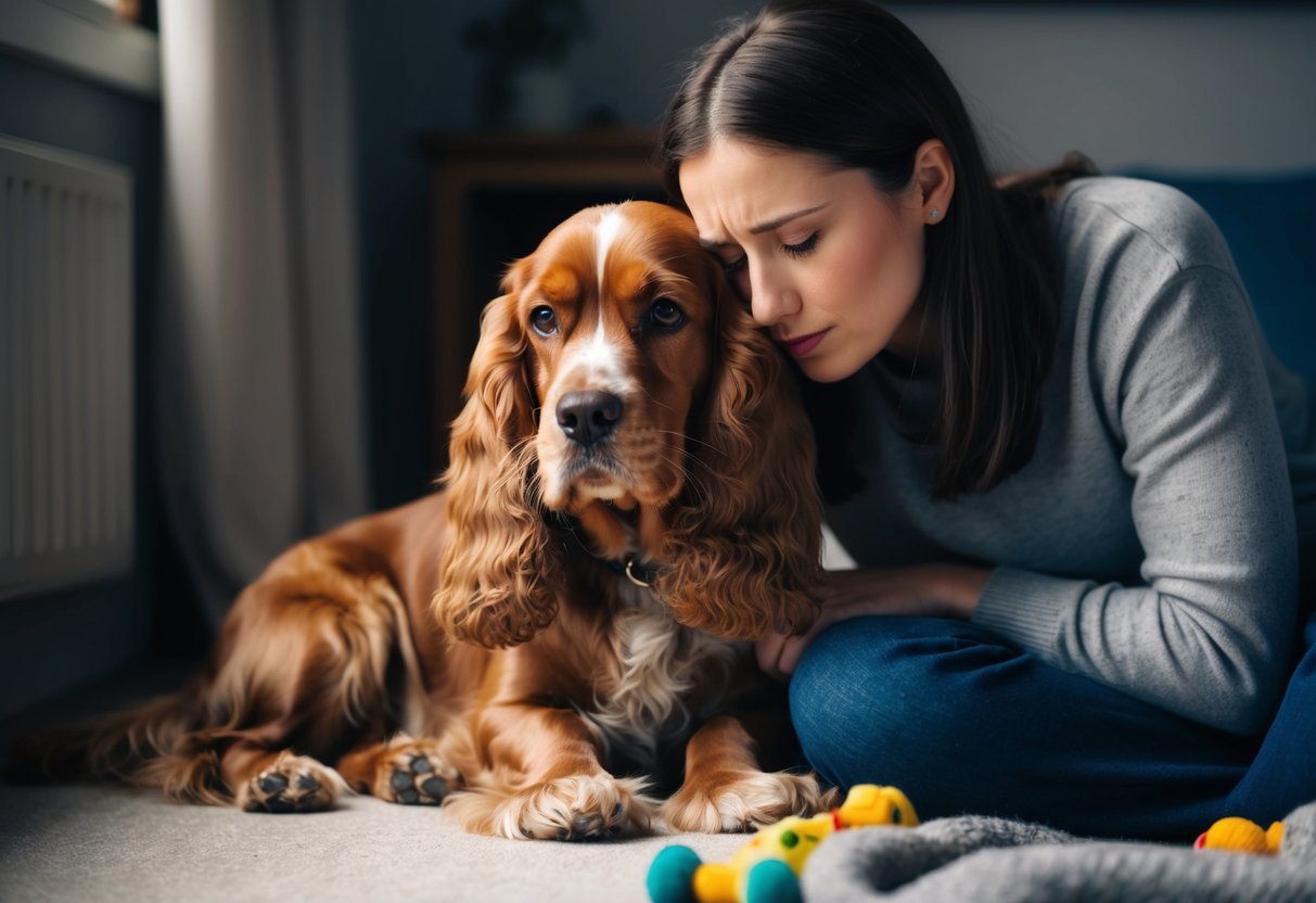 A cocker spaniel sits beside a person with a sad expression, nuzzling their hand. The room is dimly lit, with a cozy blanket and a few toys scattered on the floor