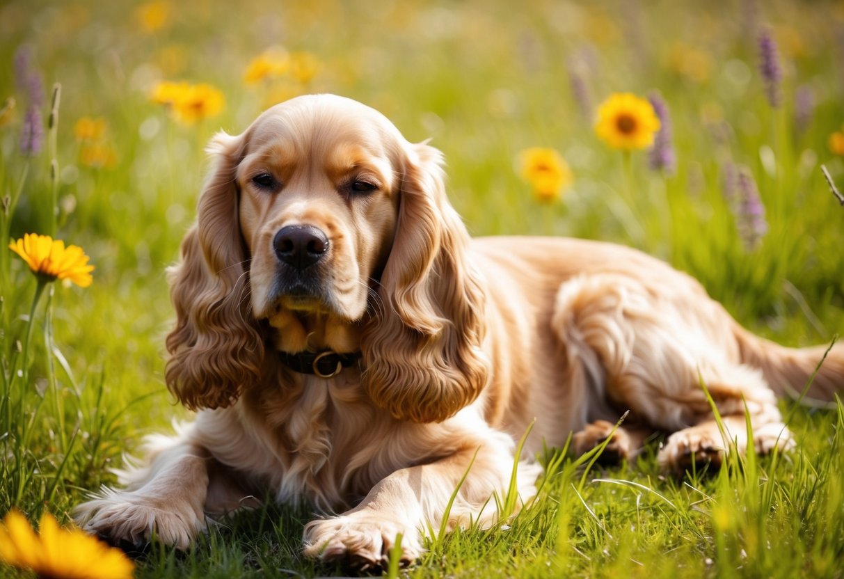 A golden cocker spaniel lies peacefully in a sunlit meadow, surrounded by wildflowers and tall grass. Its eyes are closed, and its ears are relaxed, exuding an aura of tranquility