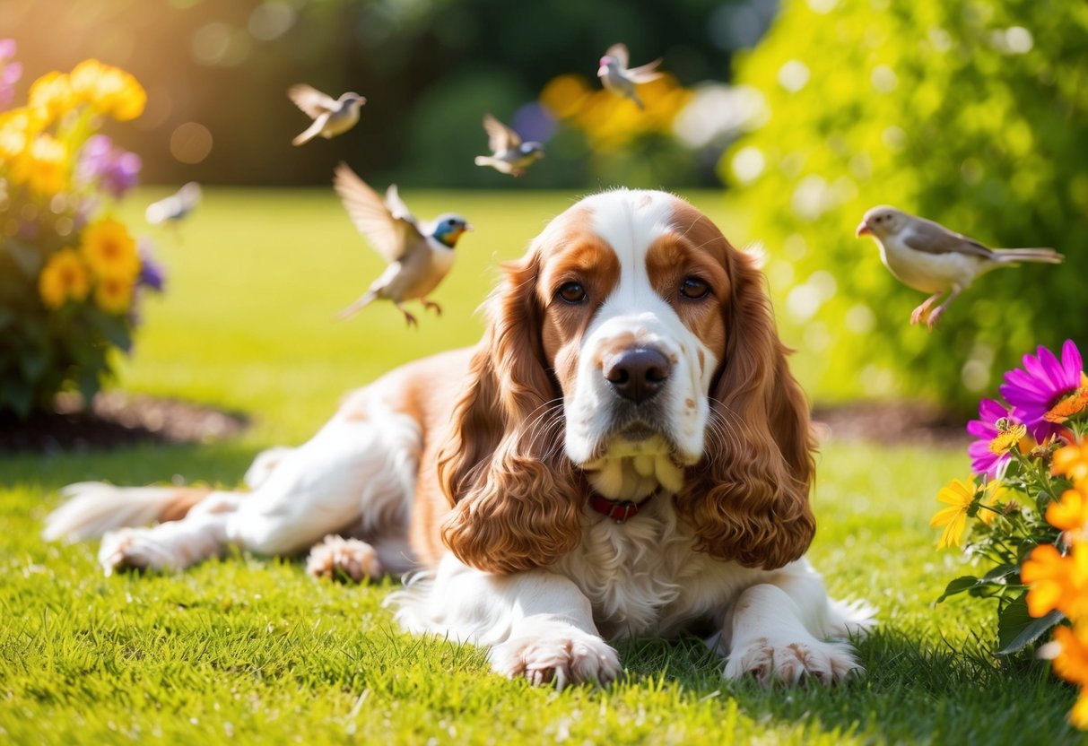 A Cocker Spaniel lying peacefully in a sunlit garden, surrounded by colorful flowers and chirping birds