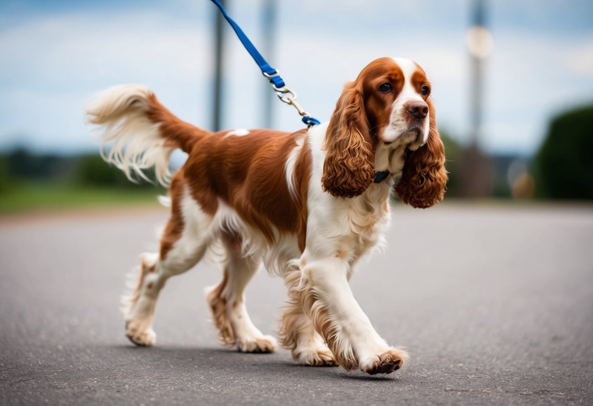 A cocker spaniel walking with a slight limp, favoring one hind leg