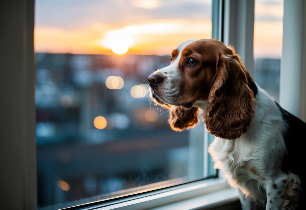 A cocker spaniel sits by the window, looking out with a pensive expression as the sun sets outside
