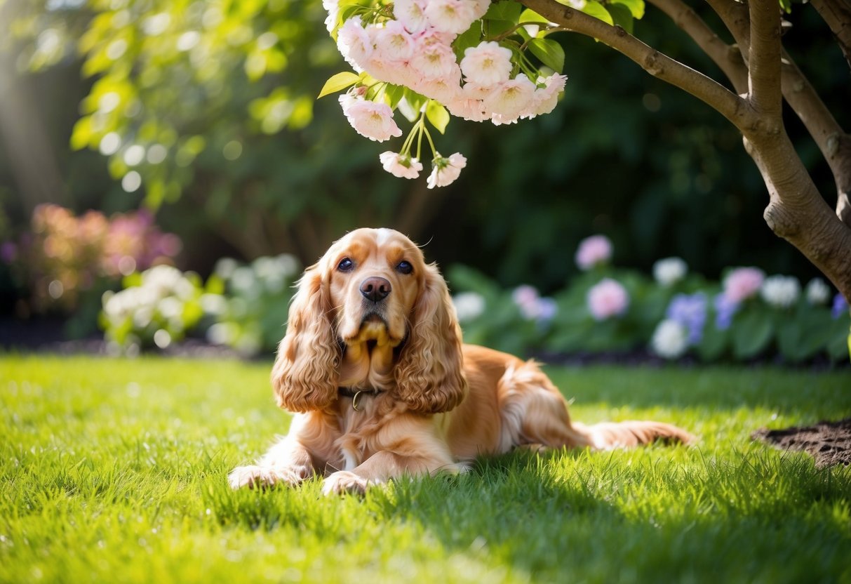 A peaceful garden with a golden cocker spaniel lying under a shady tree, surrounded by blooming flowers and gentle sunlight