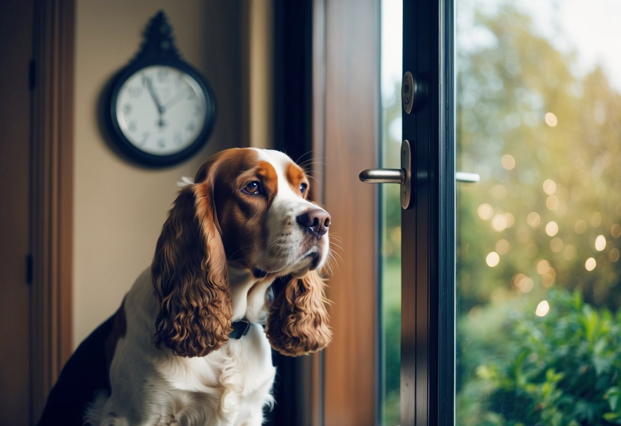 A cocker spaniel sits patiently by the front door, looking out the window with a slightly sad expression, as the clock on the wall ticks away