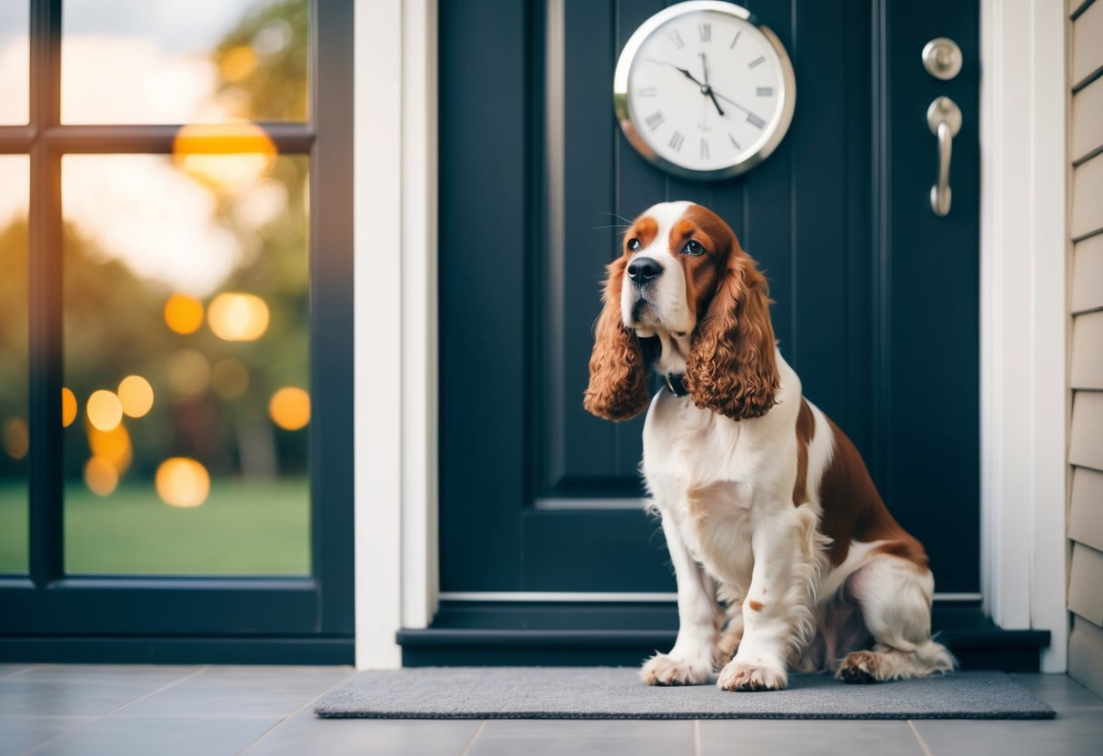 A cocker spaniel anxiously waits by the door, looking out the window, as the clock on the wall ticks away