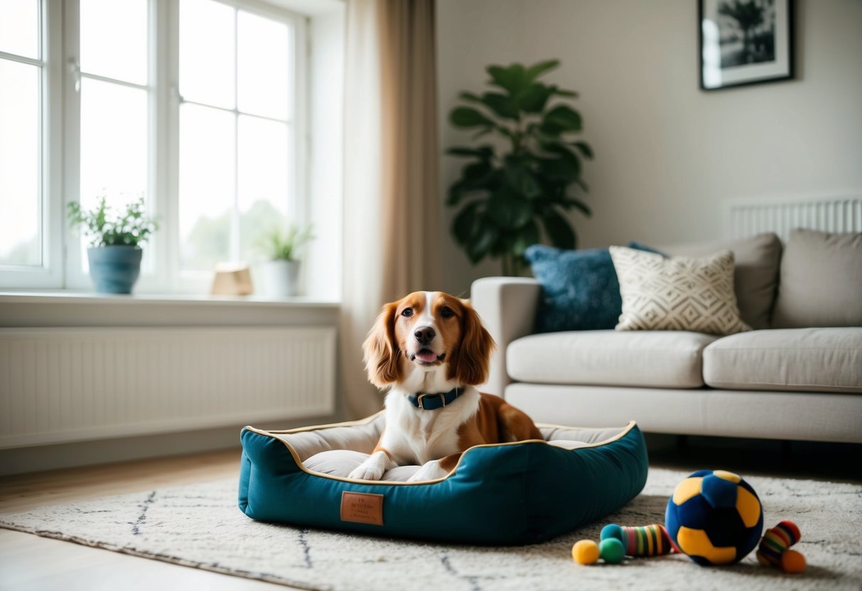 A cozy living room with a comfortable dog bed, toys, and a large window for natural light