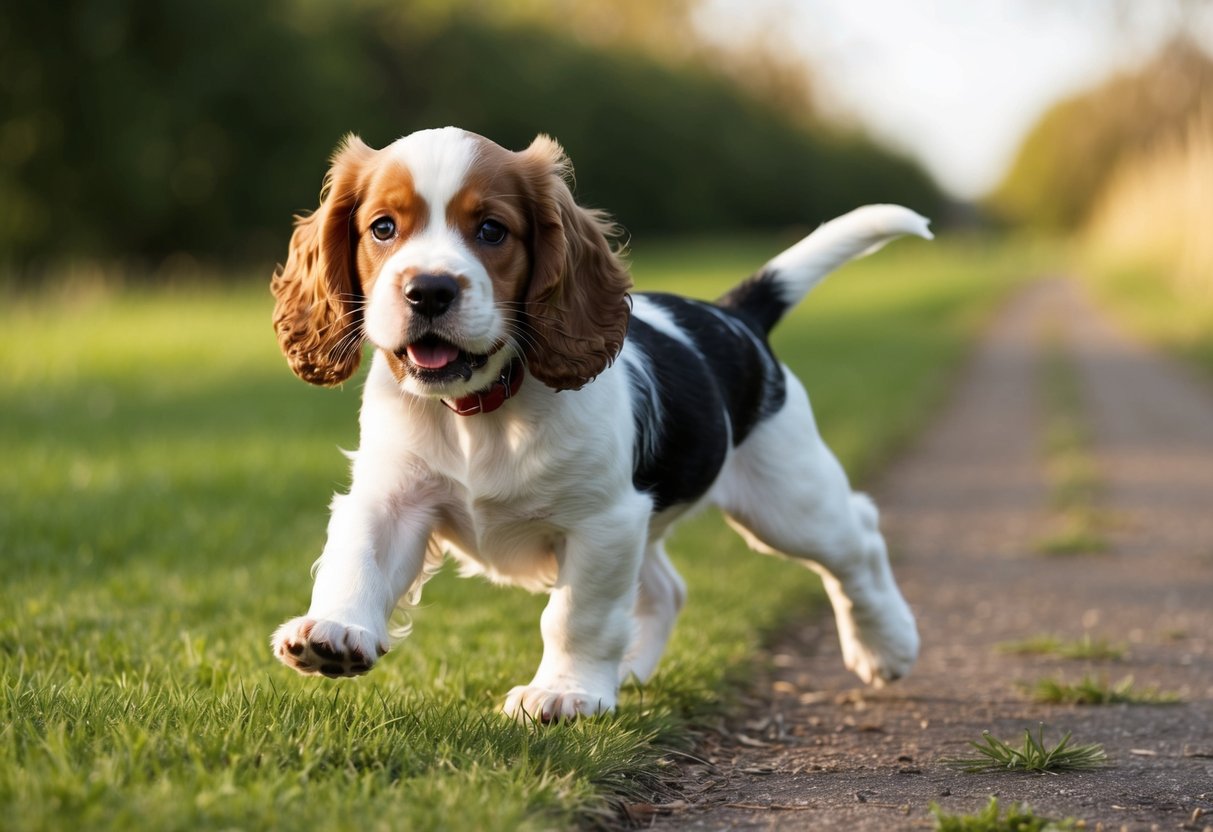 A cocker spaniel puppy trots happily along a grassy path, tail wagging and ears flopping as it explores its surroundings
