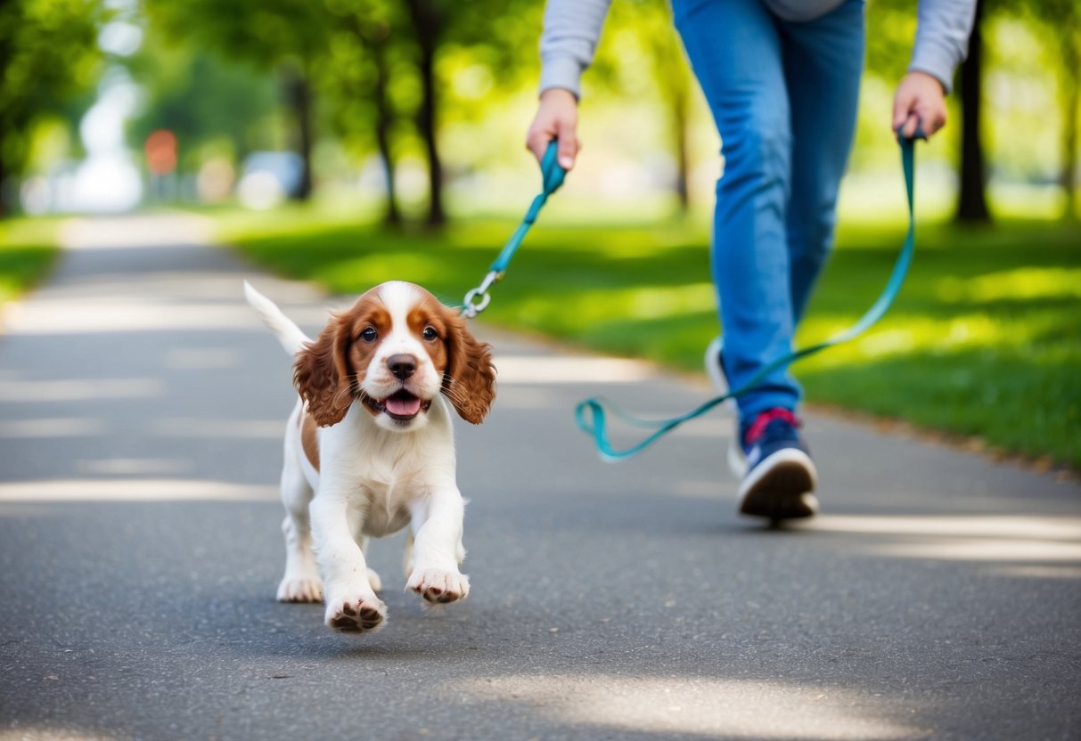 A Cocker Spaniel puppy on a leash, pulling eagerly as its owner tries to keep up on a sunny park path