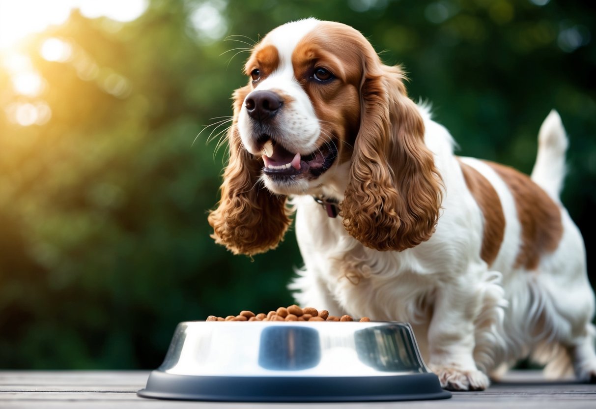A cocker spaniel growls, baring its teeth, as it stands protectively in front of its food bowl