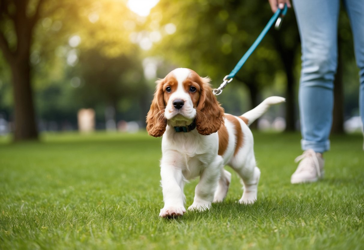 A cocker spaniel puppy on a leash, walking in a park with green grass and trees, with a person standing nearby