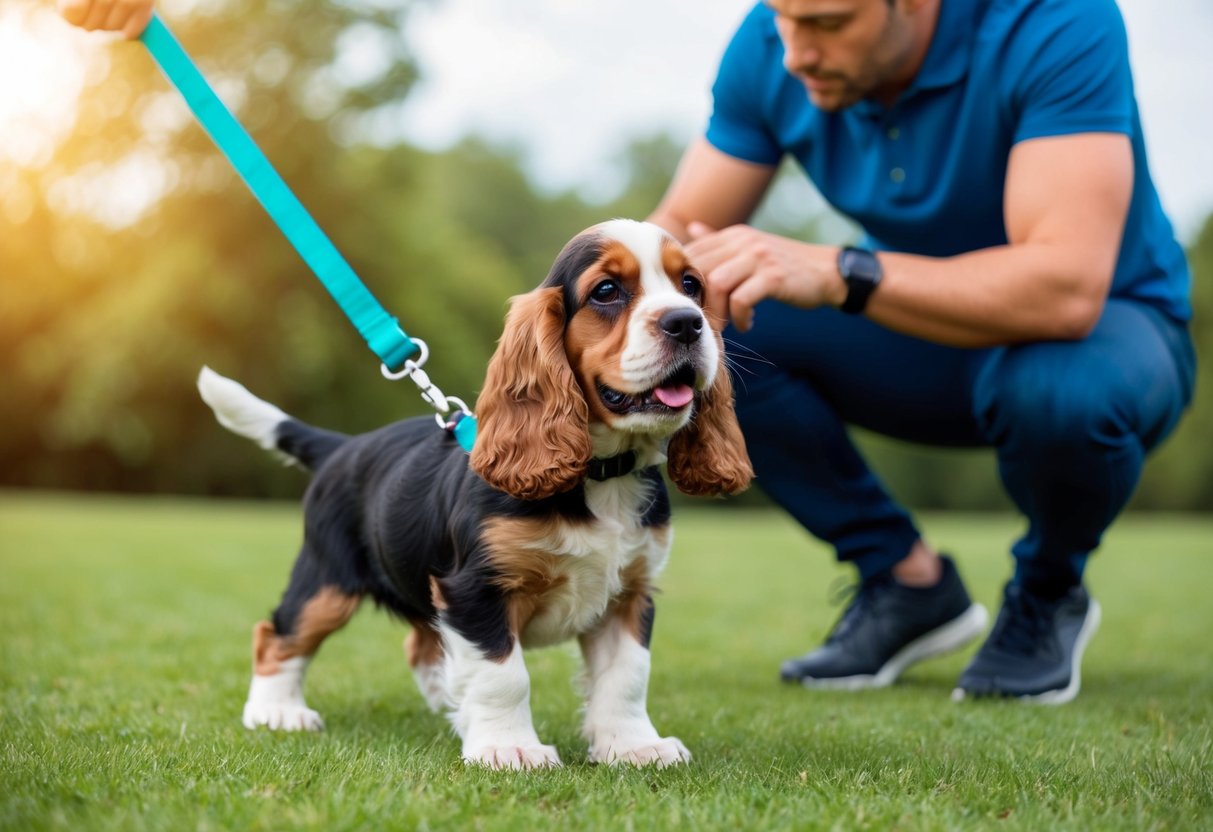 A cocker spaniel puppy on a leash, panting, with a concerned owner checking a fitness tracker
