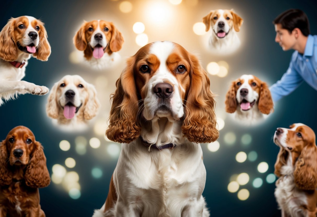 A cocker spaniel surrounded by various stimuli, such as loud noises, other animals, and unfamiliar people, to illustrate the factors influencing their temperament