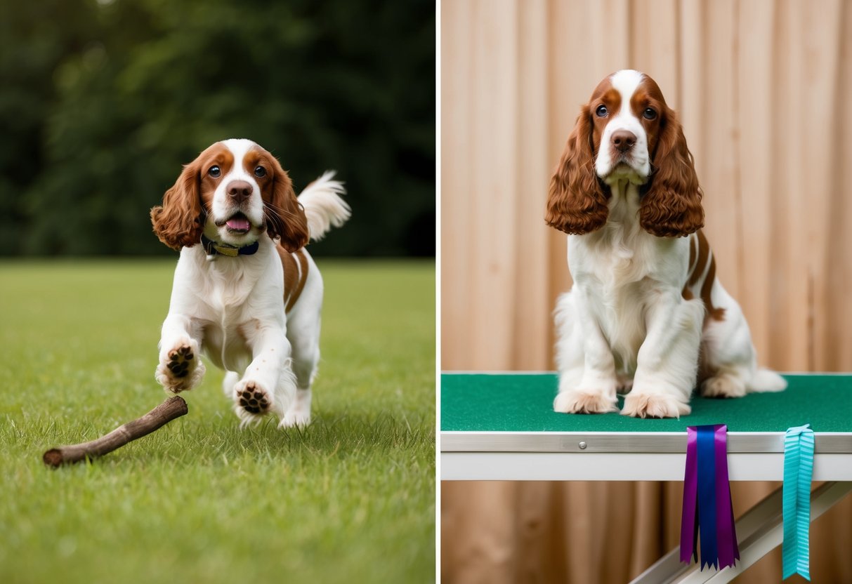 A working cocker spaniel eagerly retrieves a fallen stick in a lush green field, while a show cocker spaniel stands proudly on a grooming table, adorned with ribbons and bows
