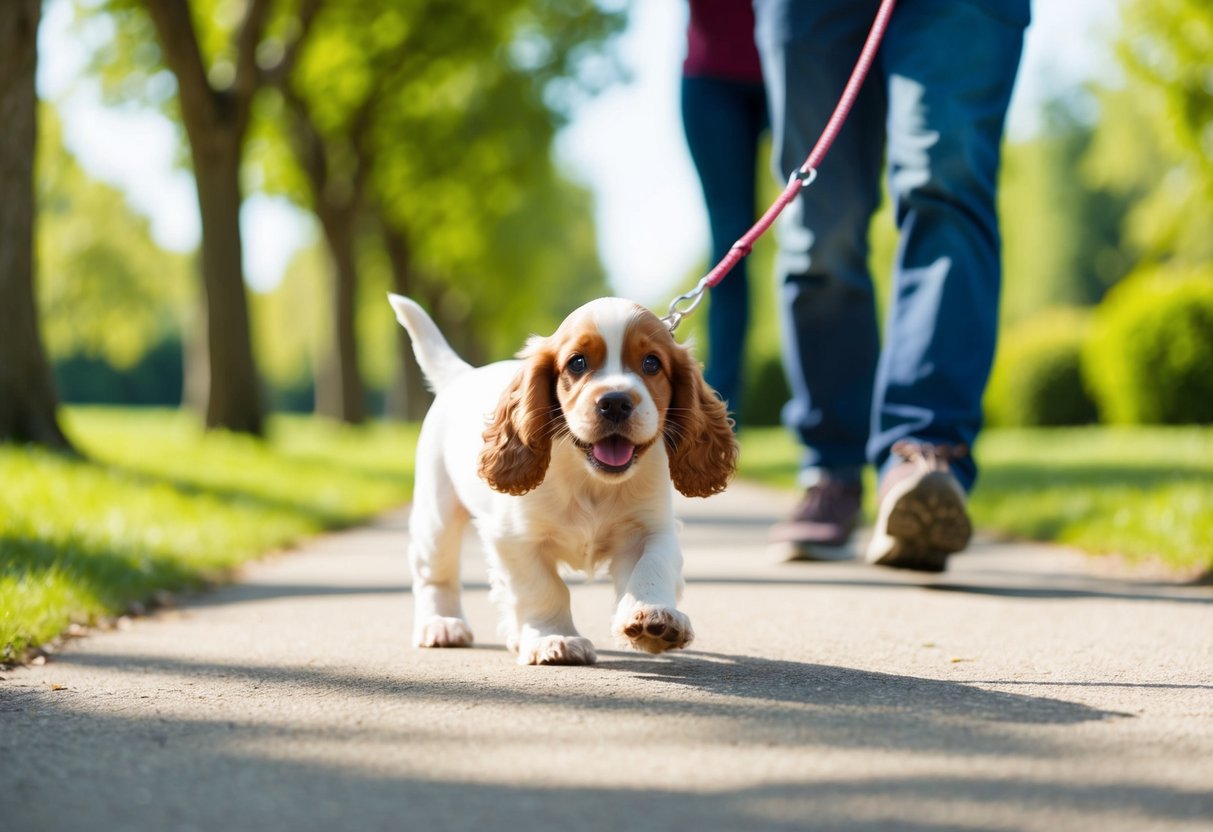 A young cocker spaniel puppy eagerly pulls on its leash, trotting alongside its owner on a sunny, tree-lined path. The puppy's tail wags with excitement as it explores the world around it