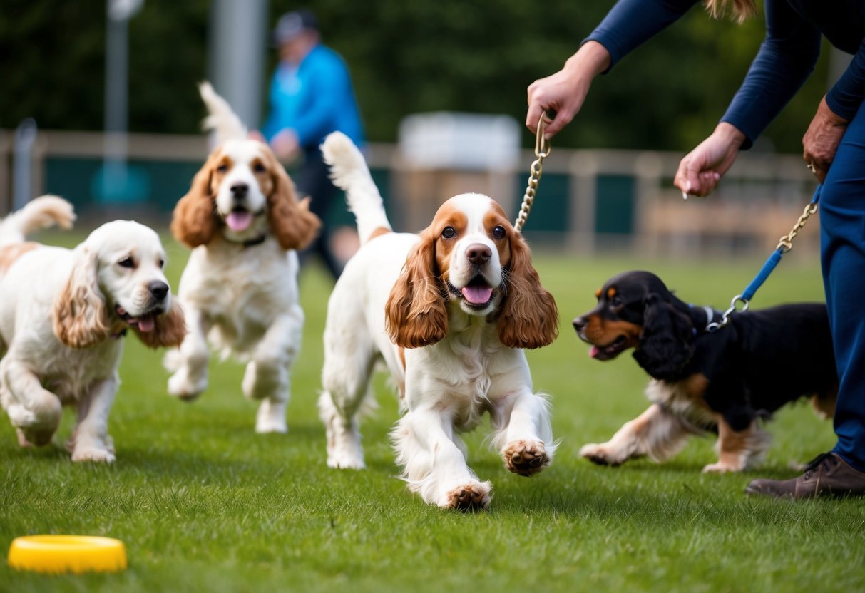 A cocker spaniel happily plays with other dogs at a training class, wagging its tail and following commands from its owner