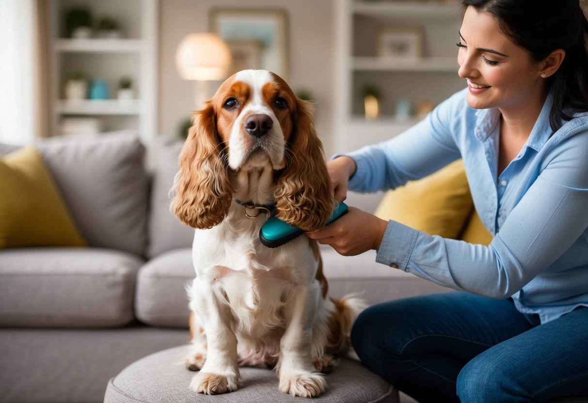 A contented Cocker Spaniel sits calmly with a wagging tail, being gently brushed and pampered by its owner in a cozy living room