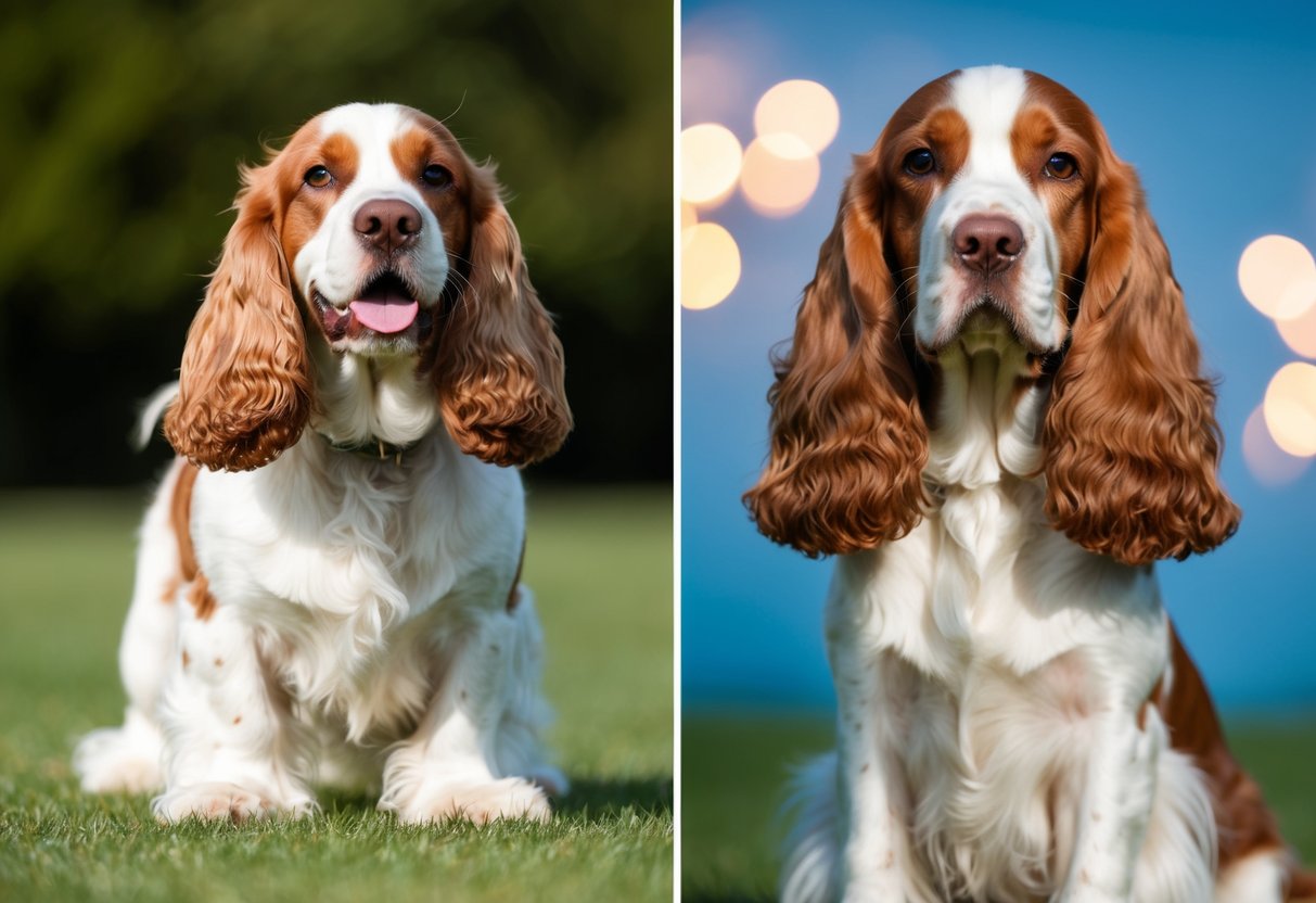 A working and show cocker spaniel side by side, with the working cocker displaying energy and athleticism, and the show cocker exuding grace and elegance