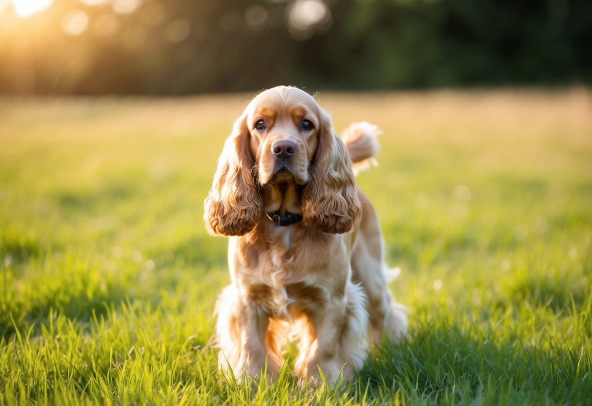 A golden Cocker Spaniel stands in a field of green grass, with sunlight casting a warm glow on its silky fur