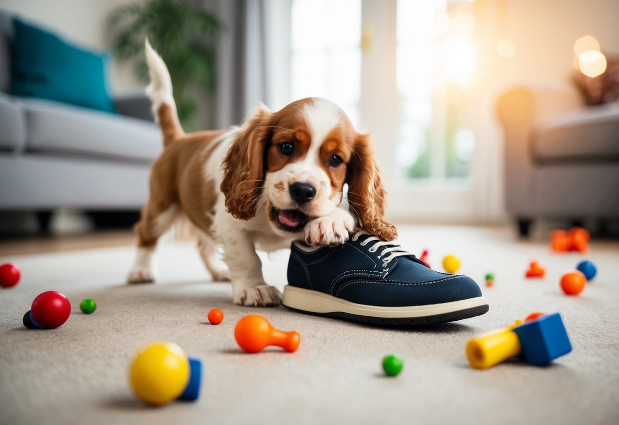 A mischievous cocker spaniel puppy chews on a shoe while scattering toys across the living room floor