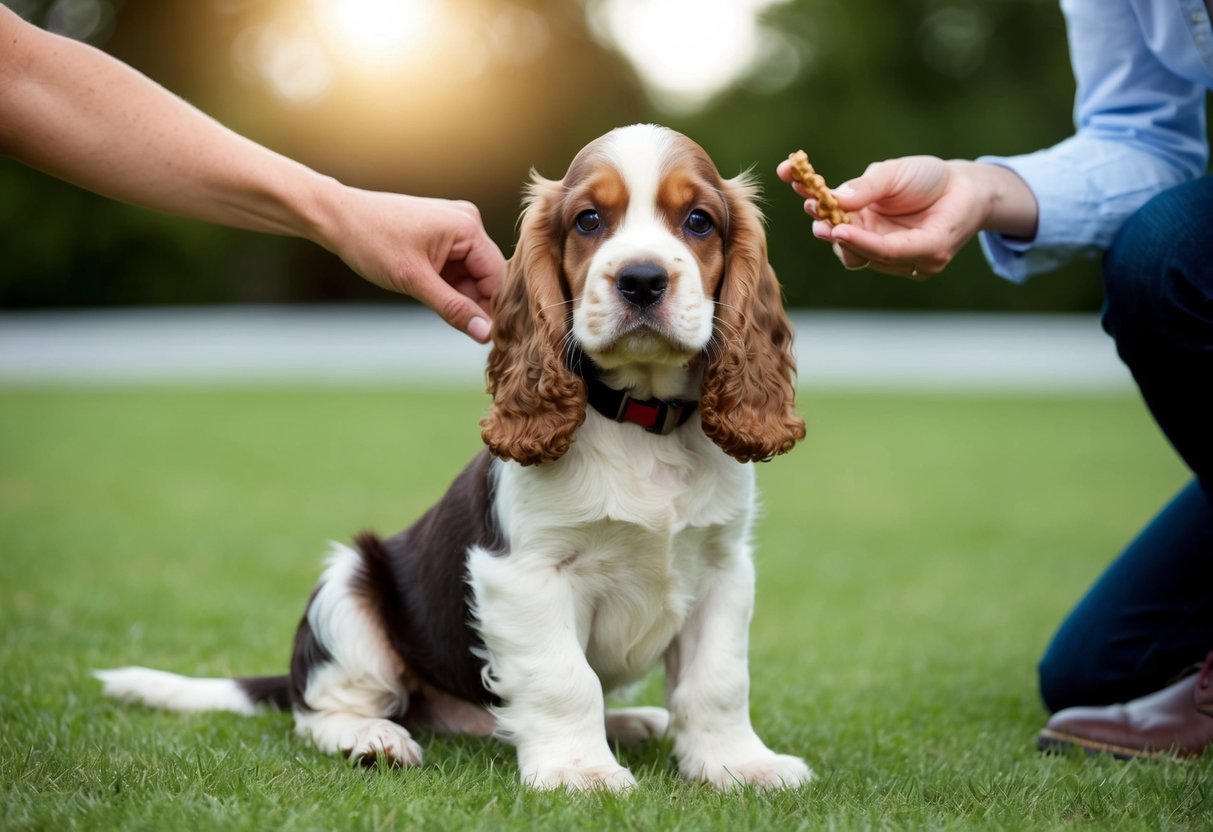 A cocker spaniel puppy sits attentively, focused on its trainer's commands. The trainer holds a treat, rewarding the puppy for following instructions
