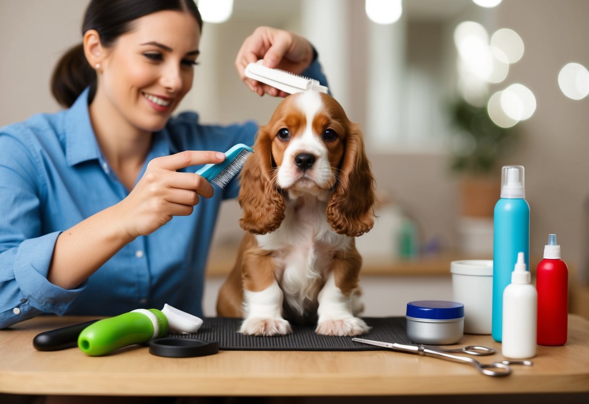 A lively cocker spaniel puppy being groomed by a patient owner, surrounded by grooming tools and products