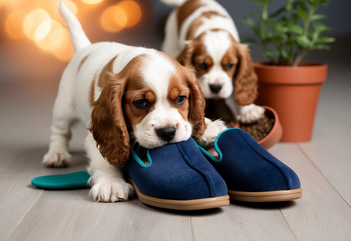 A mischievous cocker spaniel puppy chews on a pair of slippers, while another one digs up a potted plant in the background