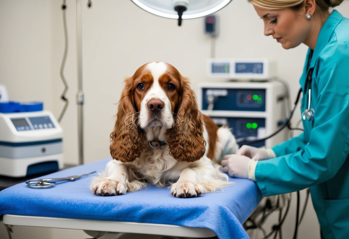 A calm cocker spaniel lies on a veterinary table, surrounded by medical equipment. A veterinarian prepares for the neutering procedure