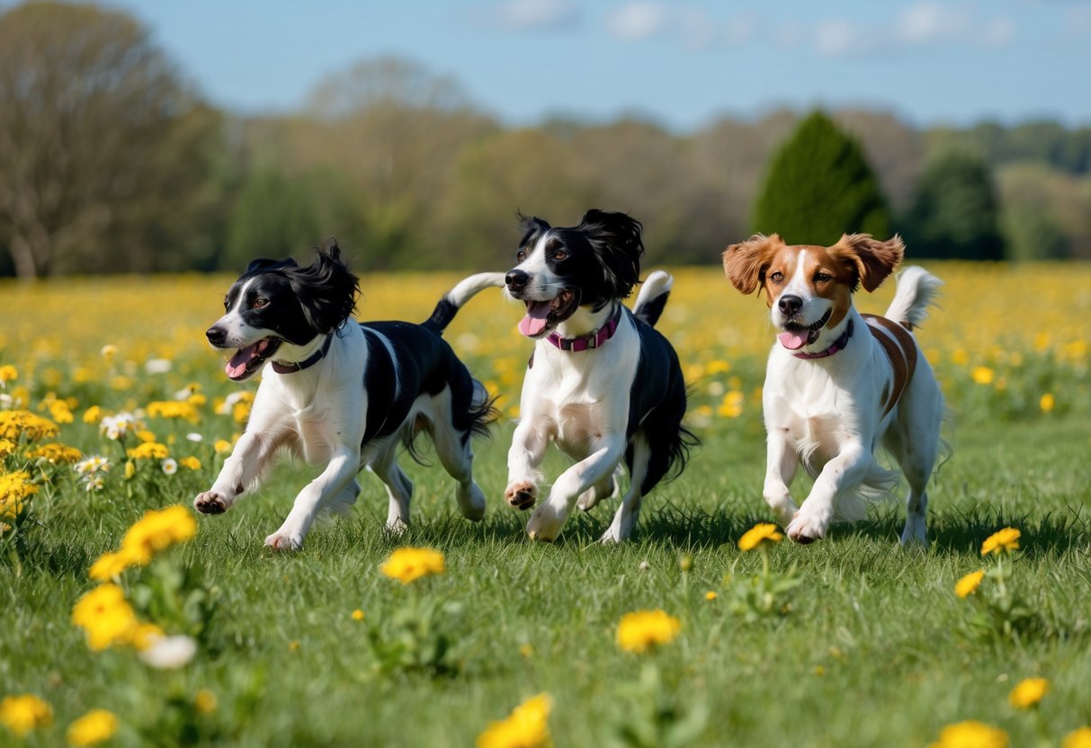 Two dogs, one Springer and one Cocker, playfully chasing each other through a lush, blooming meadow with a clear blue sky overhead