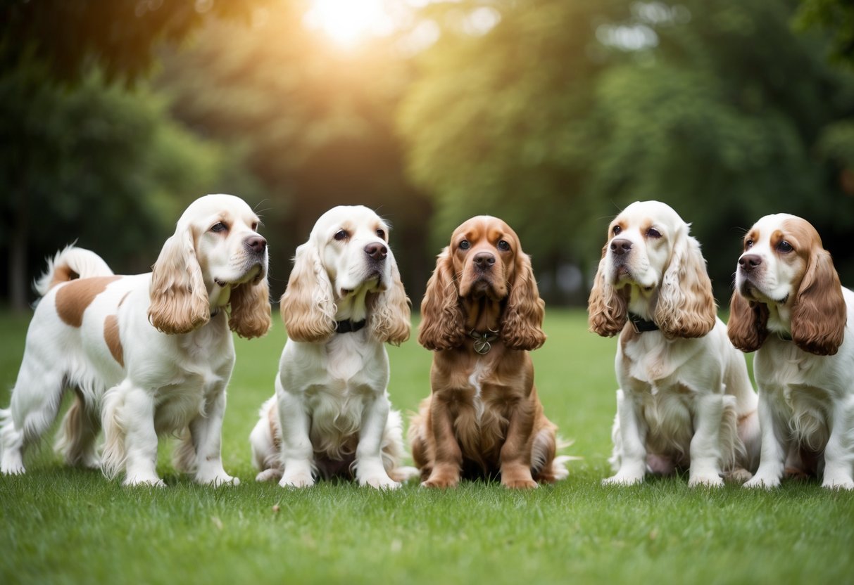 A group of calm, neutered cocker spaniels socializing peacefully at a training session in a serene park setting