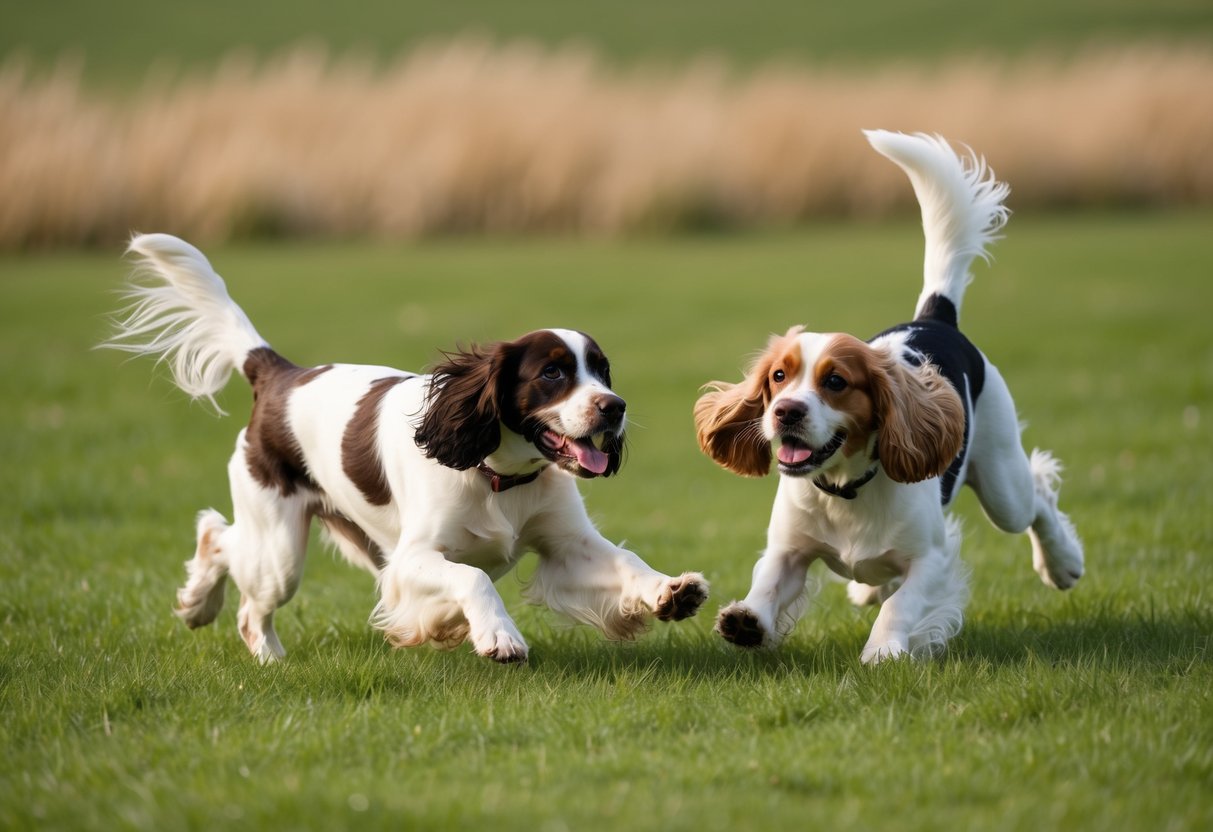 A springer and a cocker spaniel playing in a grassy field, showing their distinct coat colors and wagging tails