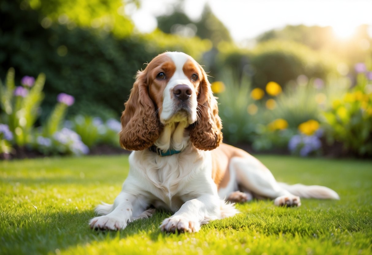 A contented Cocker Spaniel relaxes in a sunlit garden after being neutered, displaying a calmer demeanor