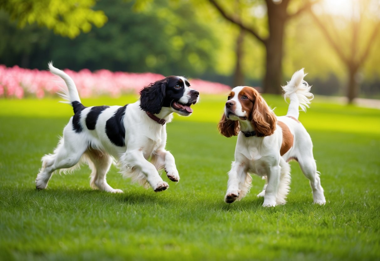 A springer spaniel and a cocker spaniel playing in a lush, green park, surrounded by blooming flowers and a gentle breeze