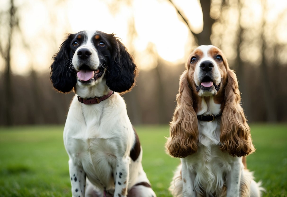 A springer and a cocker spaniel stand side by side, each wagging their tail and looking up at the viewer with hopeful eyes