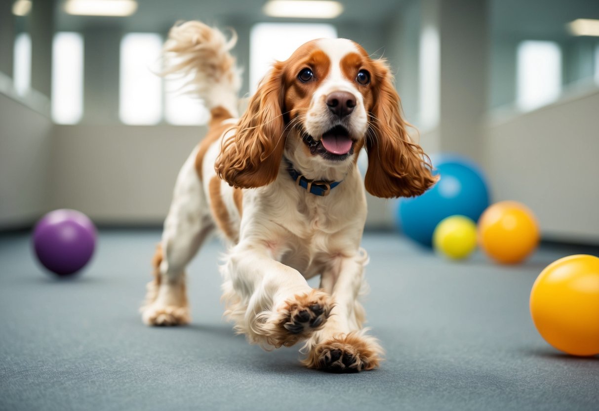 A cocker spaniel wagging its tail, with bright eyes and relaxed body language, playing with toys or bounding around a spacious, safe environment