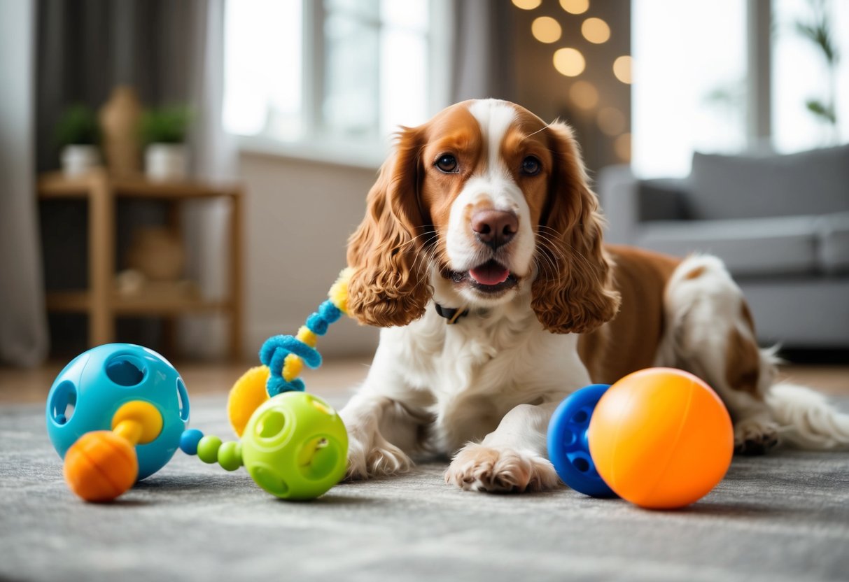 A cocker spaniel playing with a variety of toys and engaging in energetic physical activity, while also displaying relaxed body language and a wagging tail
