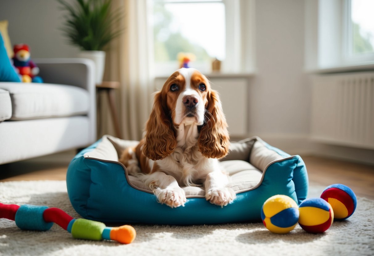 A contented cocker spaniel with wagging tail and bright eyes, surrounded by toys and a comfortable bed, in a sunlit room