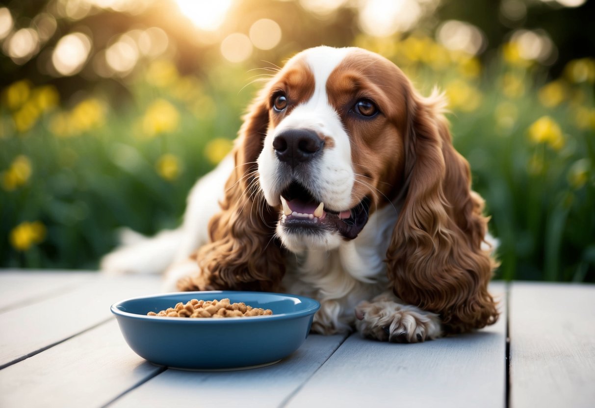 A cocker spaniel growls over a bowl of food, ears flattened and teeth bared