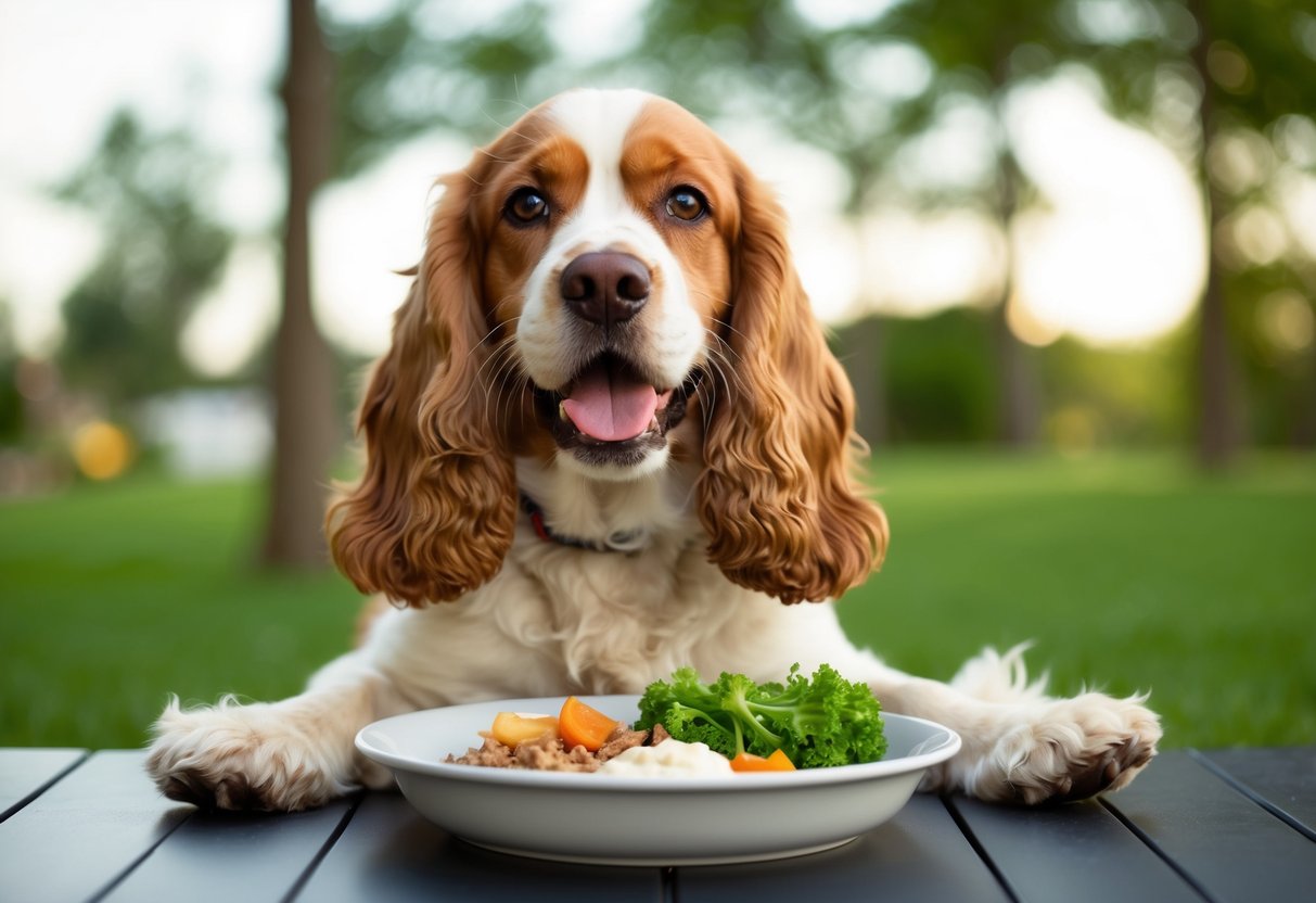 A joyful cocker spaniel with a wagging tail, bright eyes, and a relaxed body posture, enjoying a balanced meal and engaging in playful activities