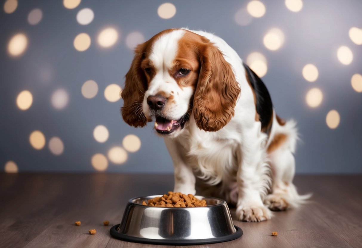 A Cocker Spaniel guarding its food bowl, growling with ears back and tense body posture