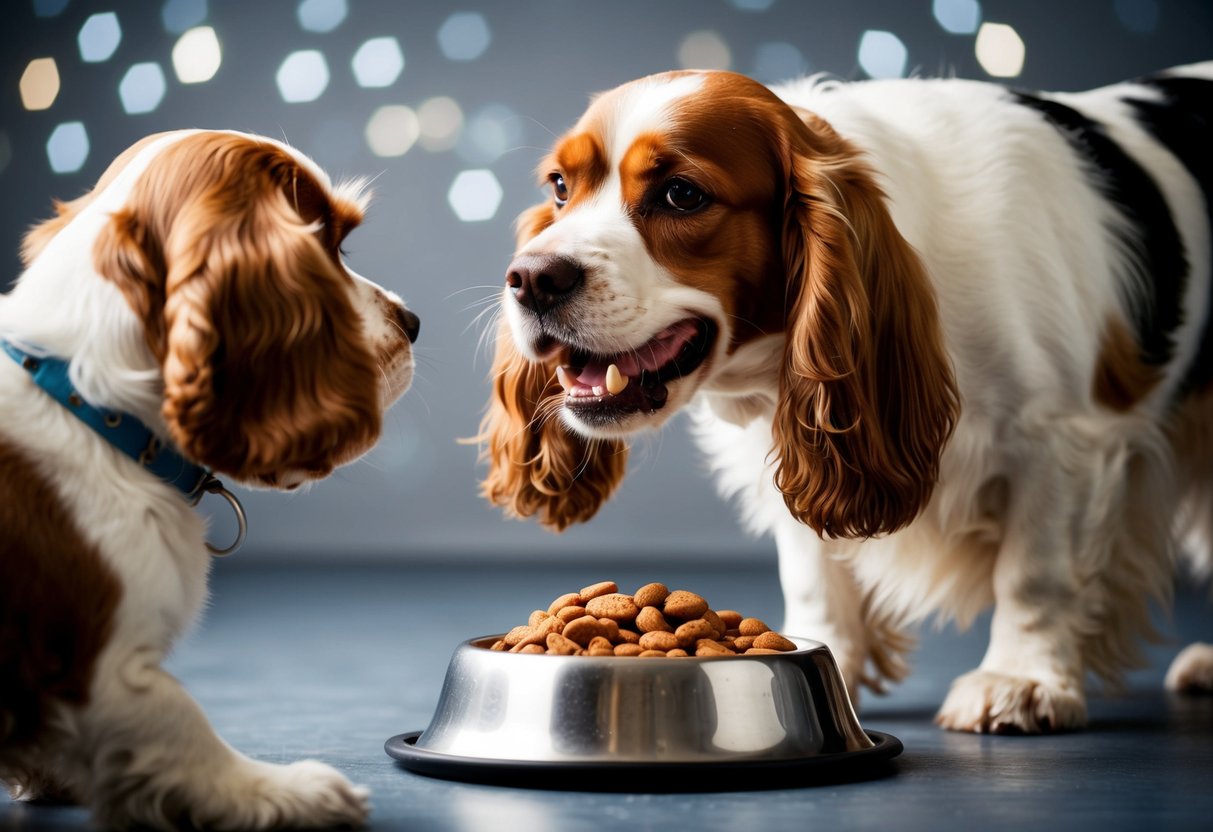 A cocker spaniel growls over a food bowl, ears back and teeth bared as another dog approaches