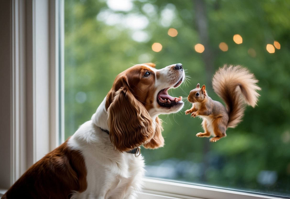 A cocker spaniel barks loudly at a squirrel outside the window, its tail wagging furiously