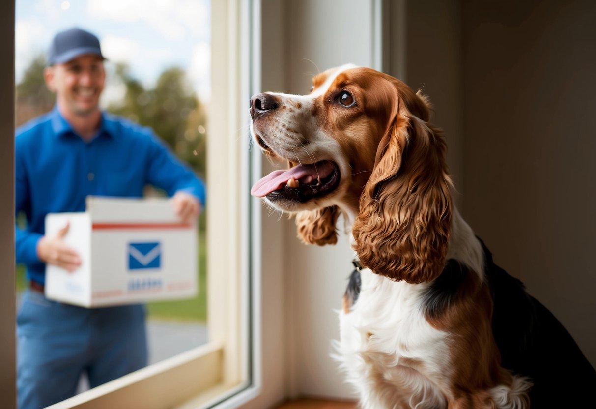 A cocker spaniel barking at a mailman through a window, with ears perked and tail wagging