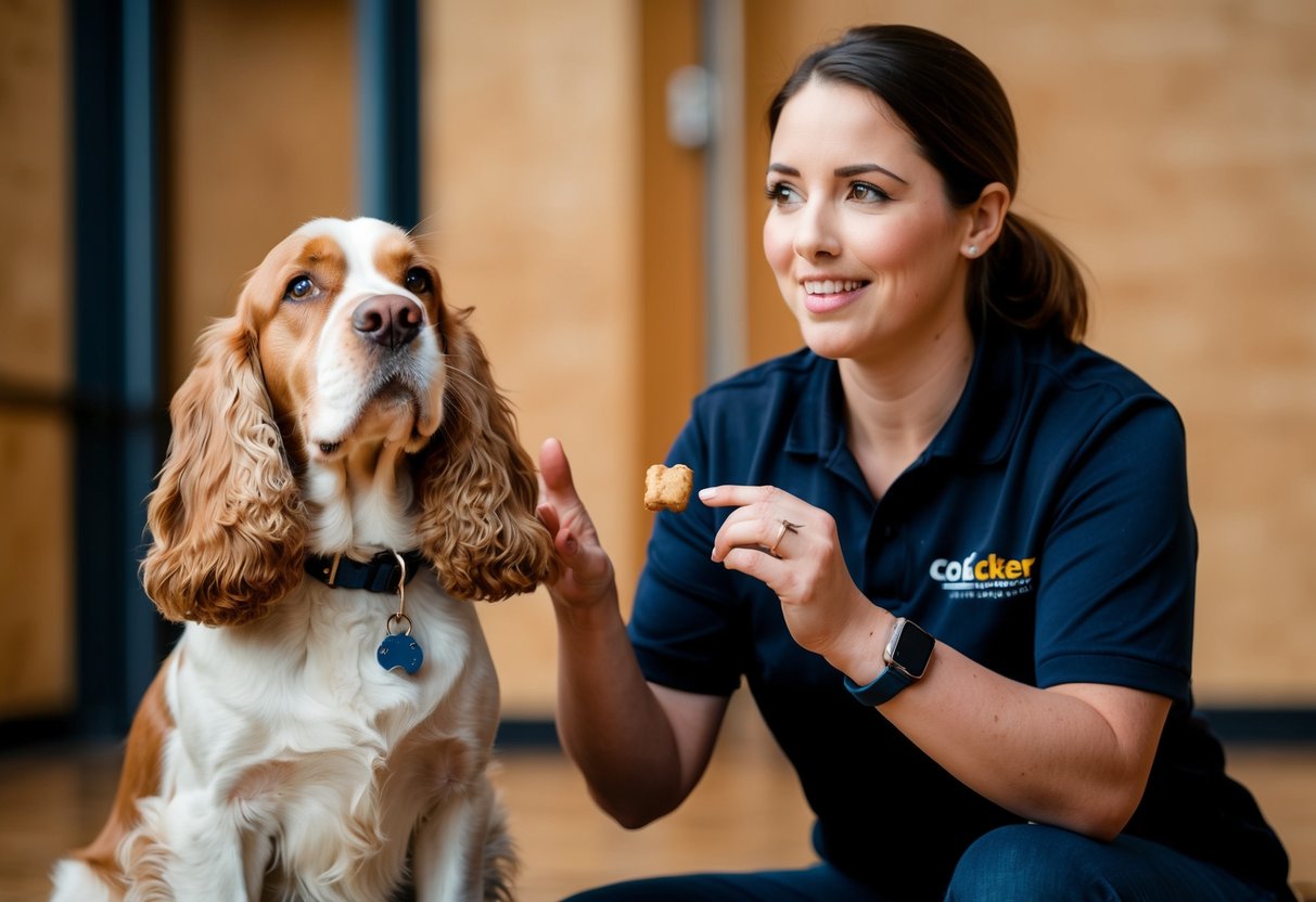 A 2 year old cocker spaniel sits attentively, ears perked, beside a trainer holding a treat. The trainer gestures with a hand, while the dog looks up eagerly