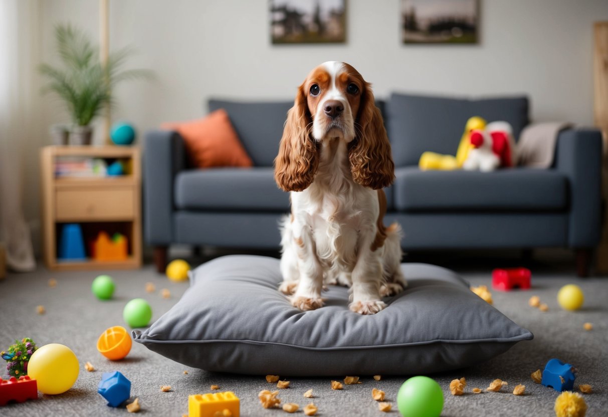 A cocker spaniel stands on a torn pillow, surrounded by scattered toys and chewed furniture