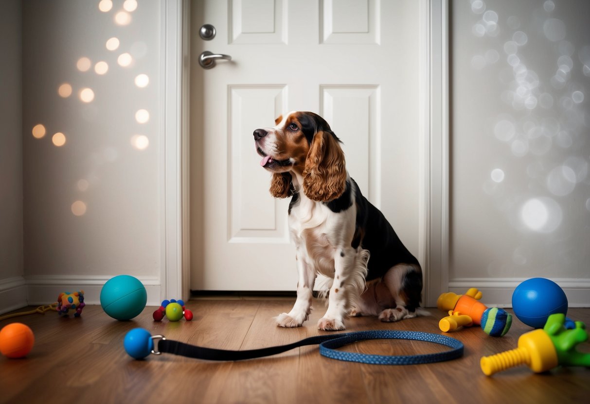 A cocker spaniel barking at a closed door, surrounded by scattered toys and a neglected leash